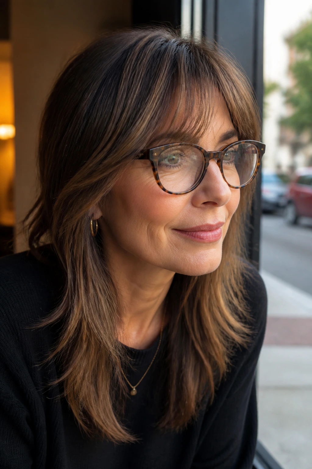 Close-up of a woman with long peekaboo bangs and glasses in a cozy cafe