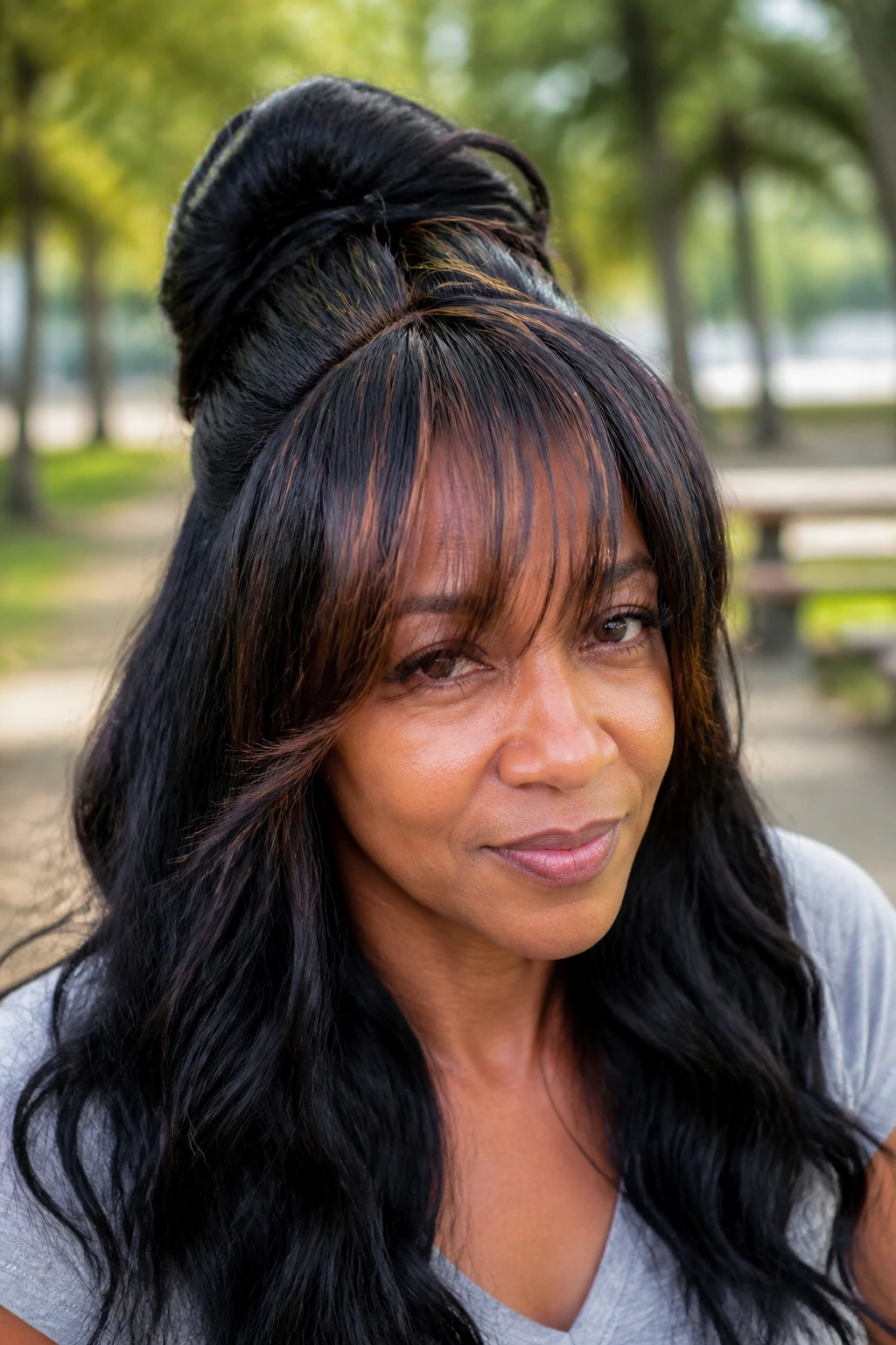 Close-up portrait of a real woman with peekaboo bangs and half-up sew-in