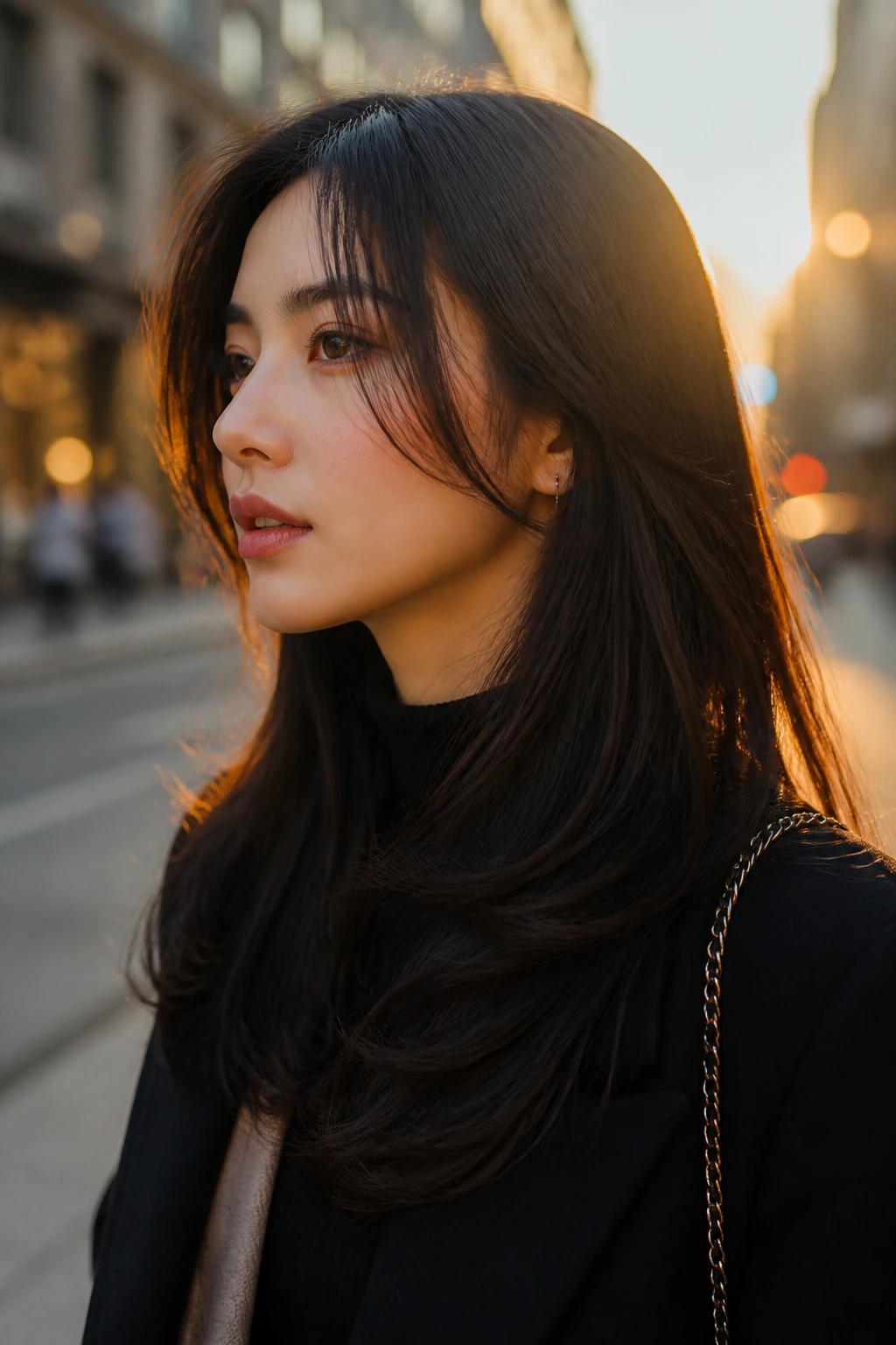Three-quarter portrait of a woman with long peekaboo bangs tucked inside the haircut