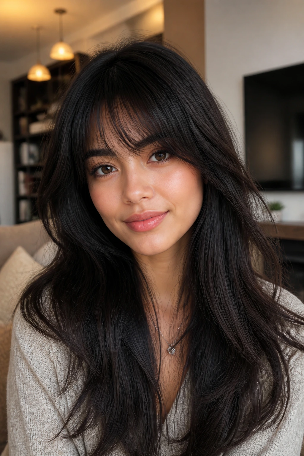 Close-up of a real woman with tapered peekaboo bangs peeking from under the top layer in warm indoor light