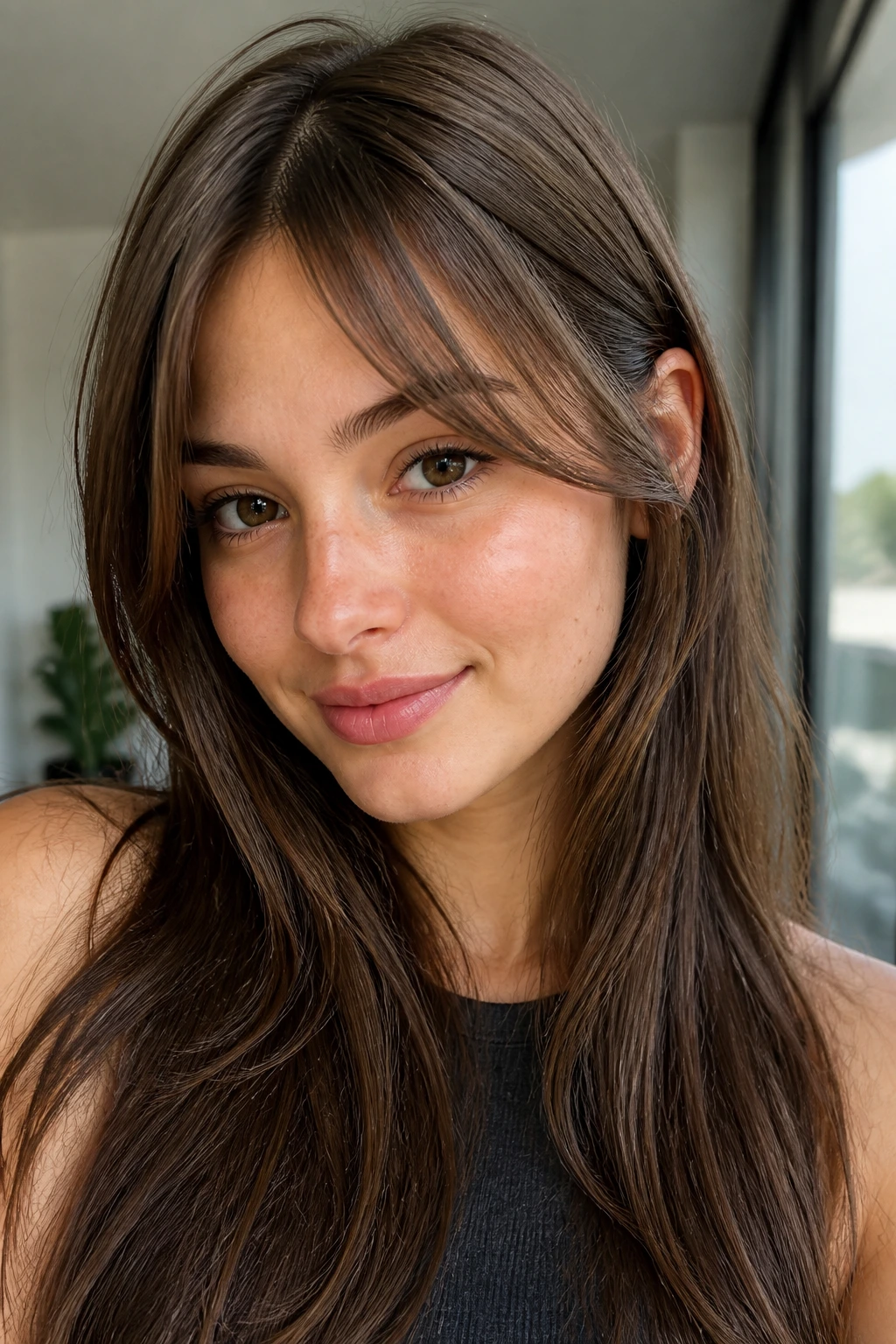 Real woman with long peekaboo bangs tucking behind the ear