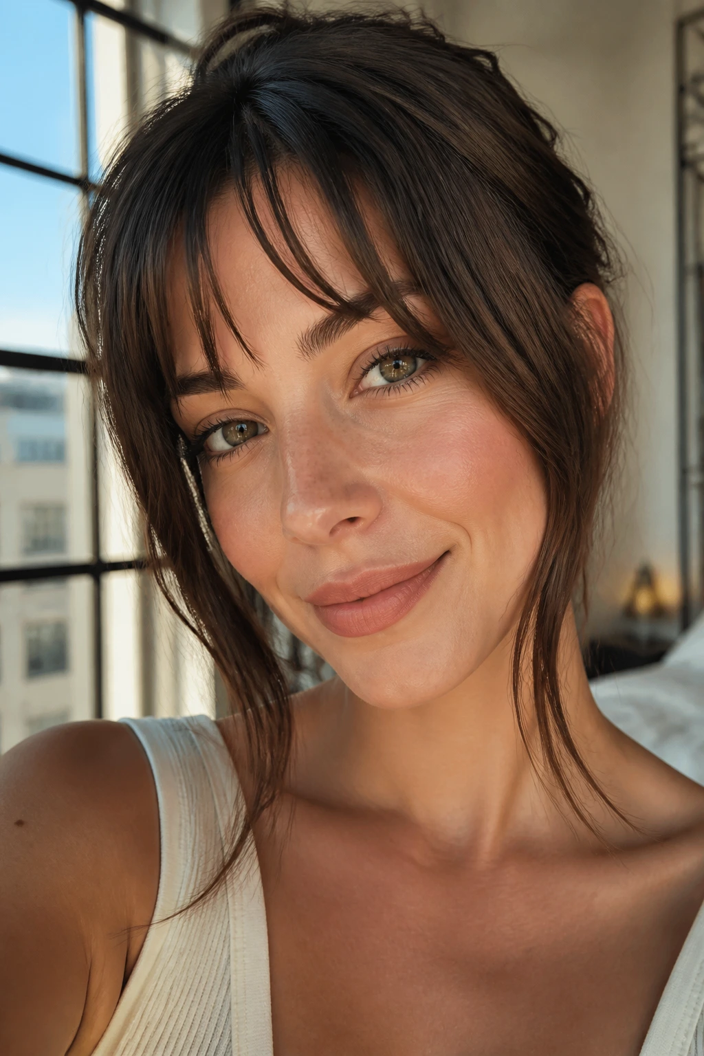 Close-up of a real woman with peekaboo bangs at temple length in morning light