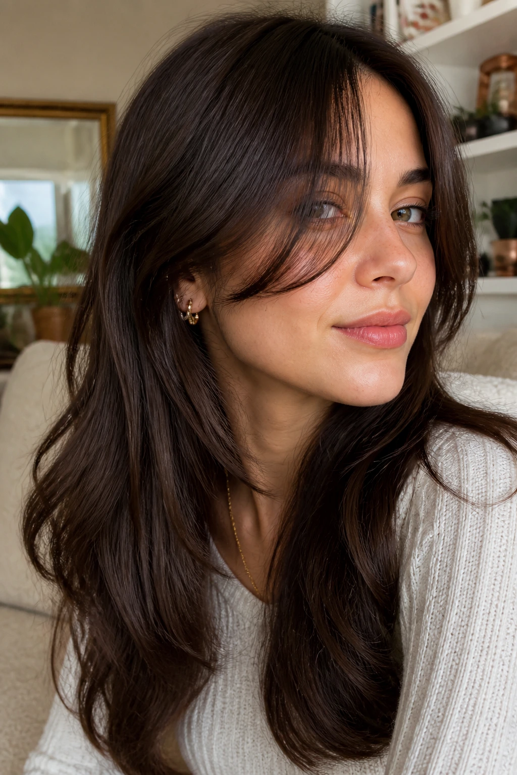 Close-up of a real woman with peekaboo bangs peeking from under the top layer.
