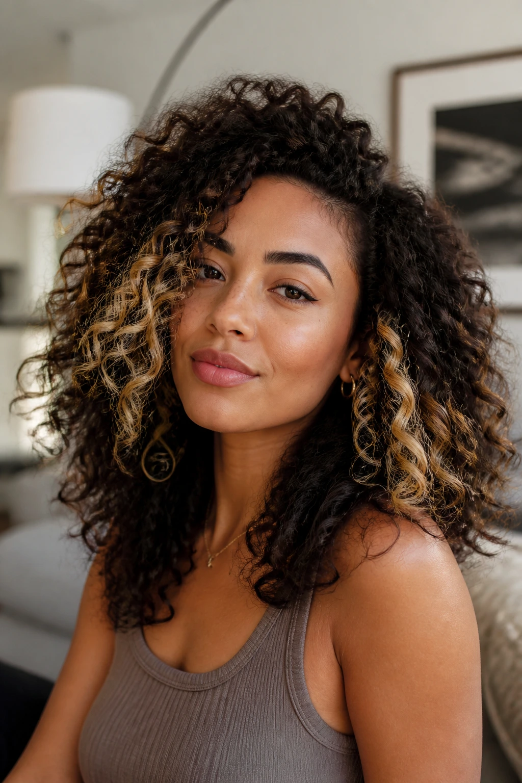 Close-up of a real woman's curls showing peekaboo blonde panels beneath the top layer.