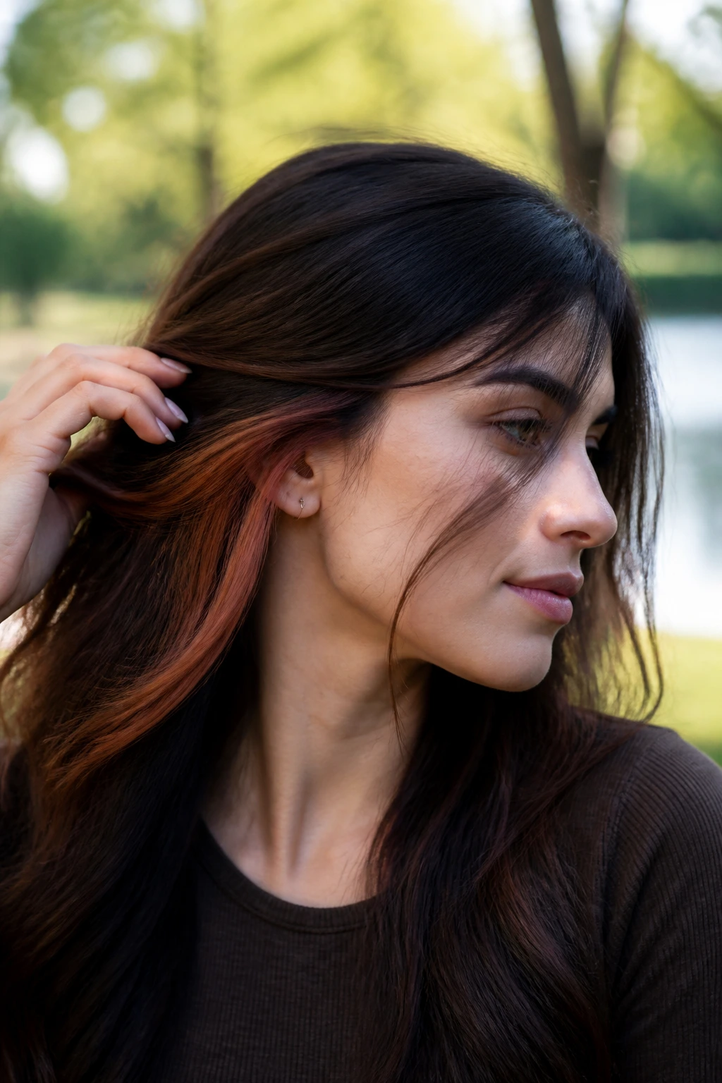 Close-up of a person with hidden bronze panels under dark brown hair.