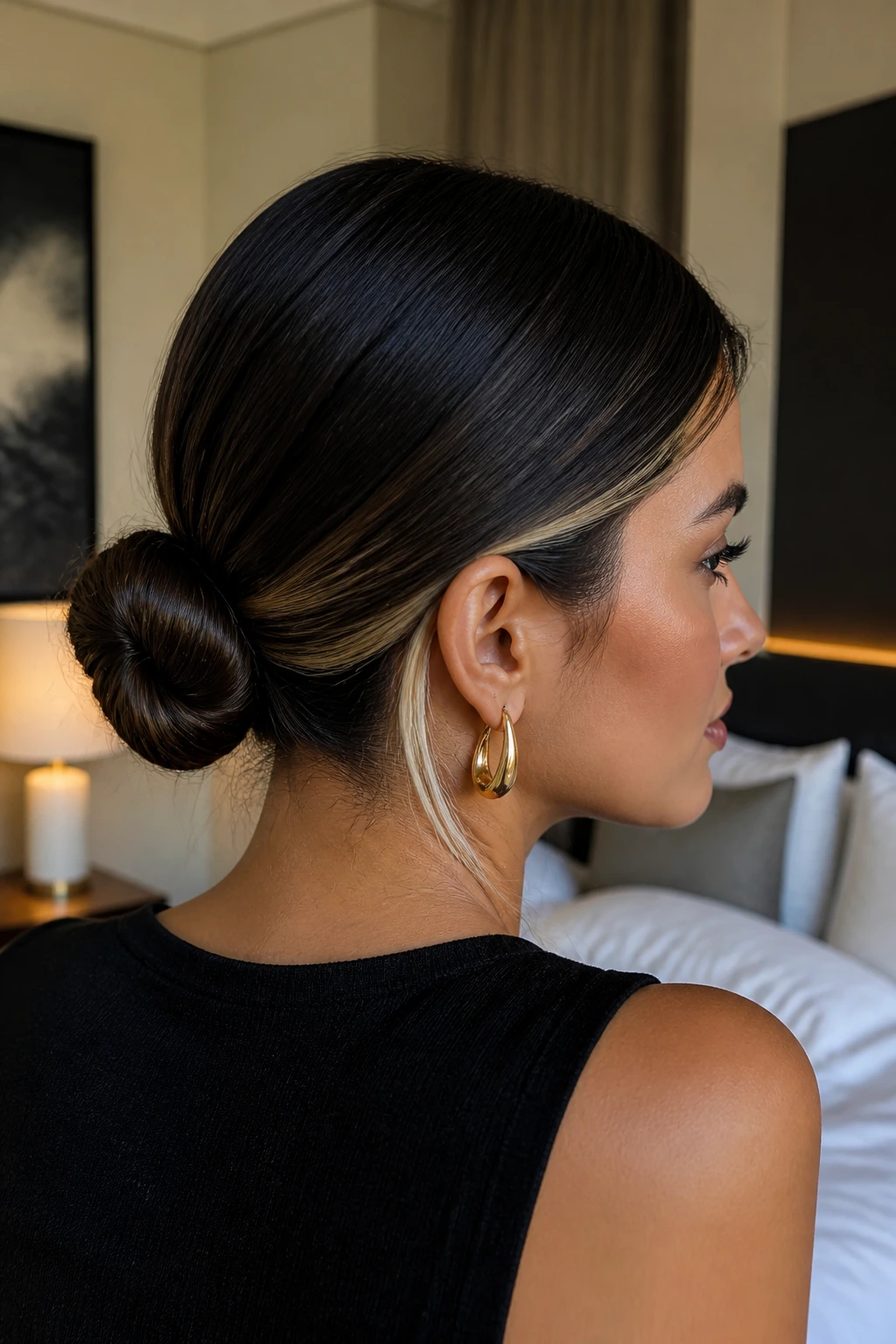 Close-up of a real woman with a sleek low bun and peekaboo blonde underlayers