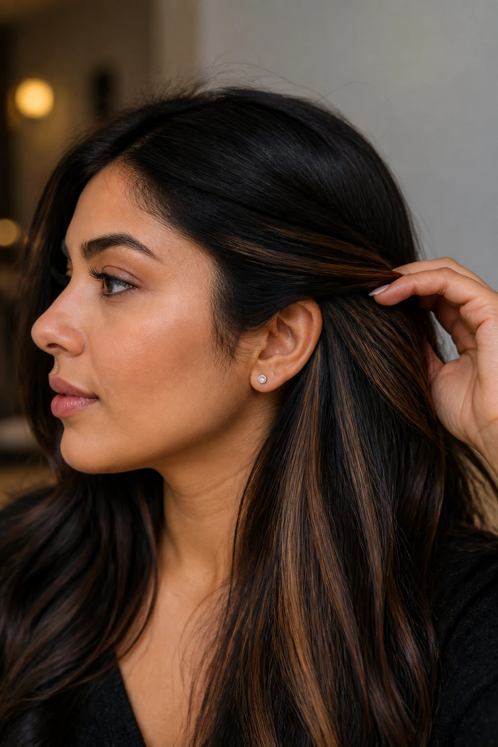 Hidden peekaboo caramel highlights under top layer on dark hair