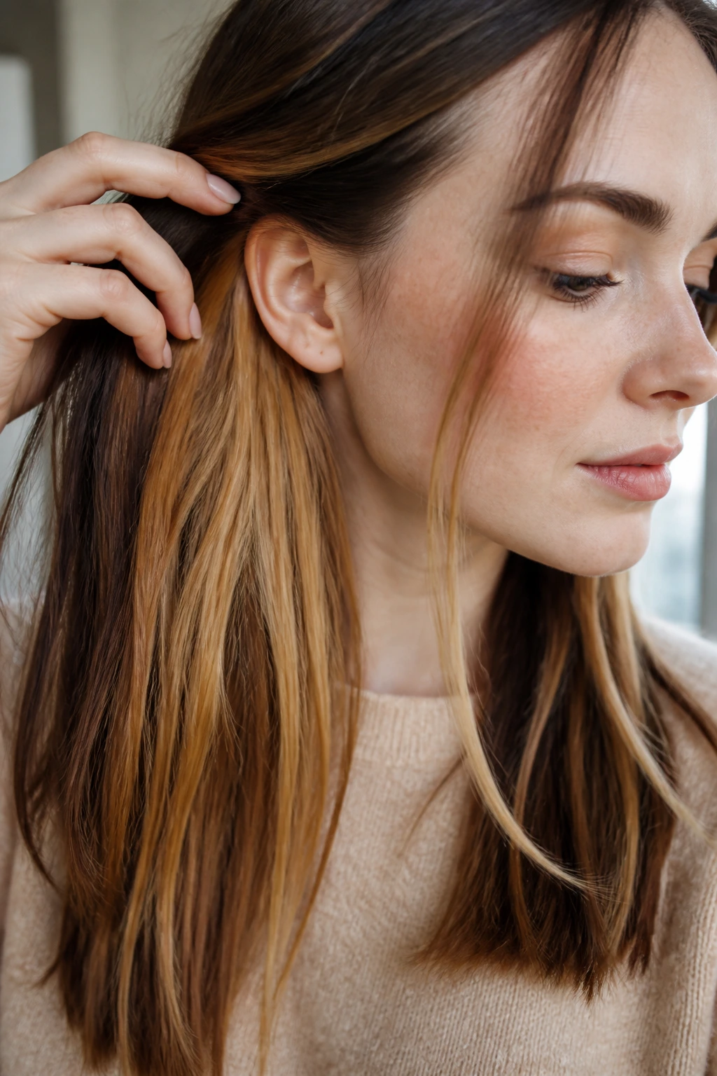 Person with golden-caramel peekaboo panels under top hair layer