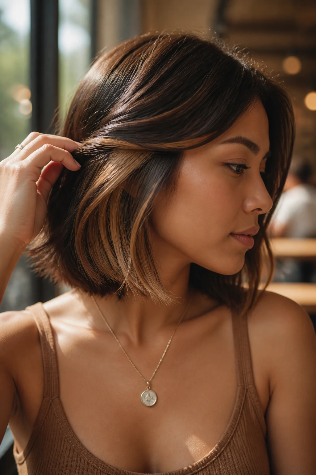 Portrait of a real woman with peekaboo caramel panels in a bob underlayer visible as hair moves
