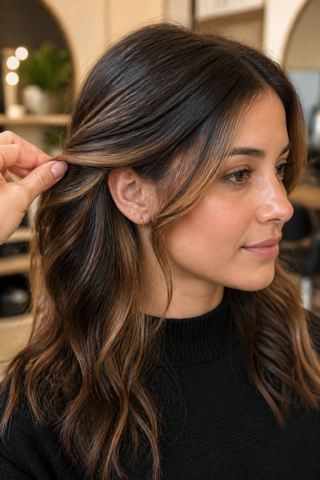 Close-up portrait of a brunette showing hidden caramel panels under the top layer.
