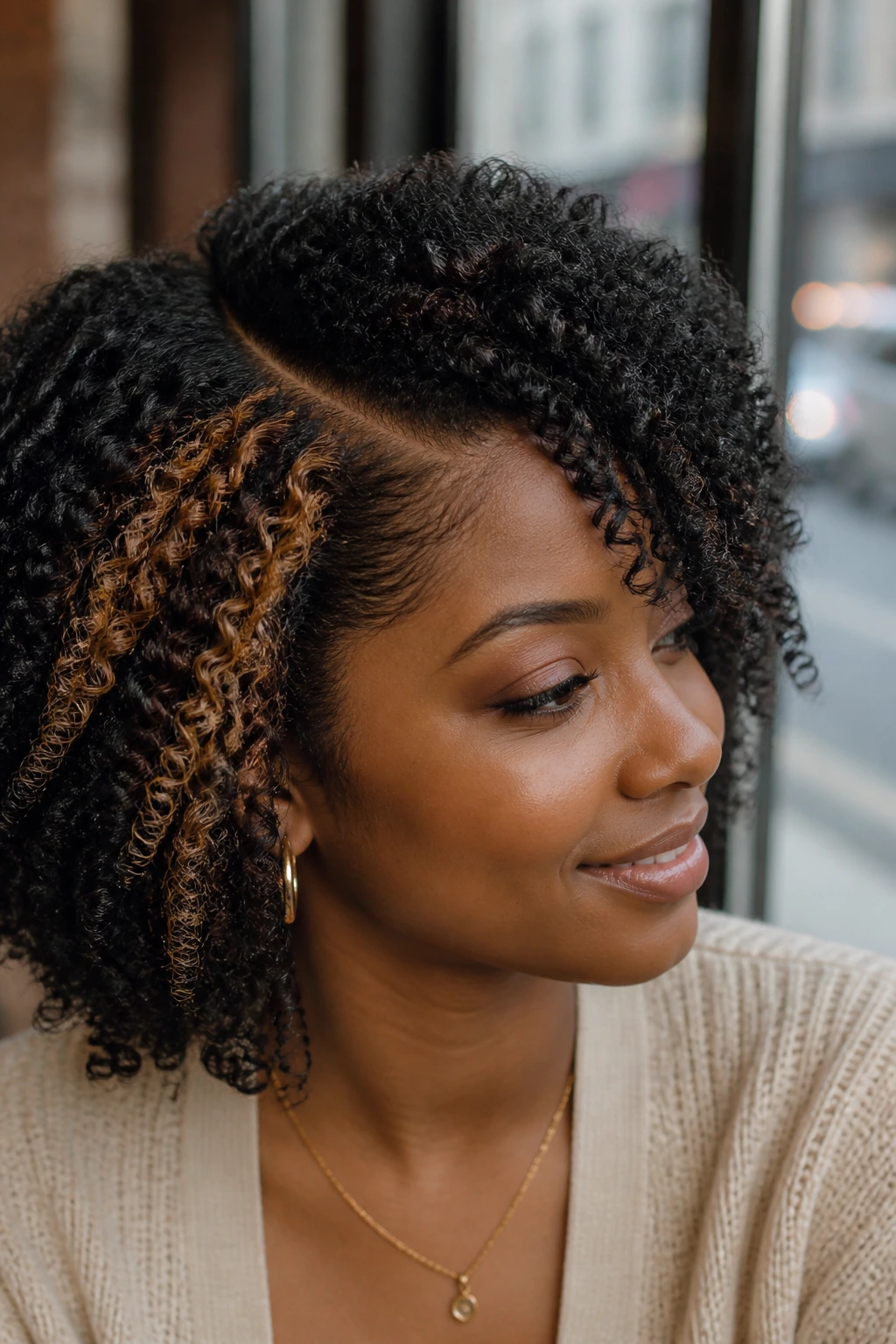 Side-profile close-up revealing peekaboo caramel under a deep side part in curly hair.