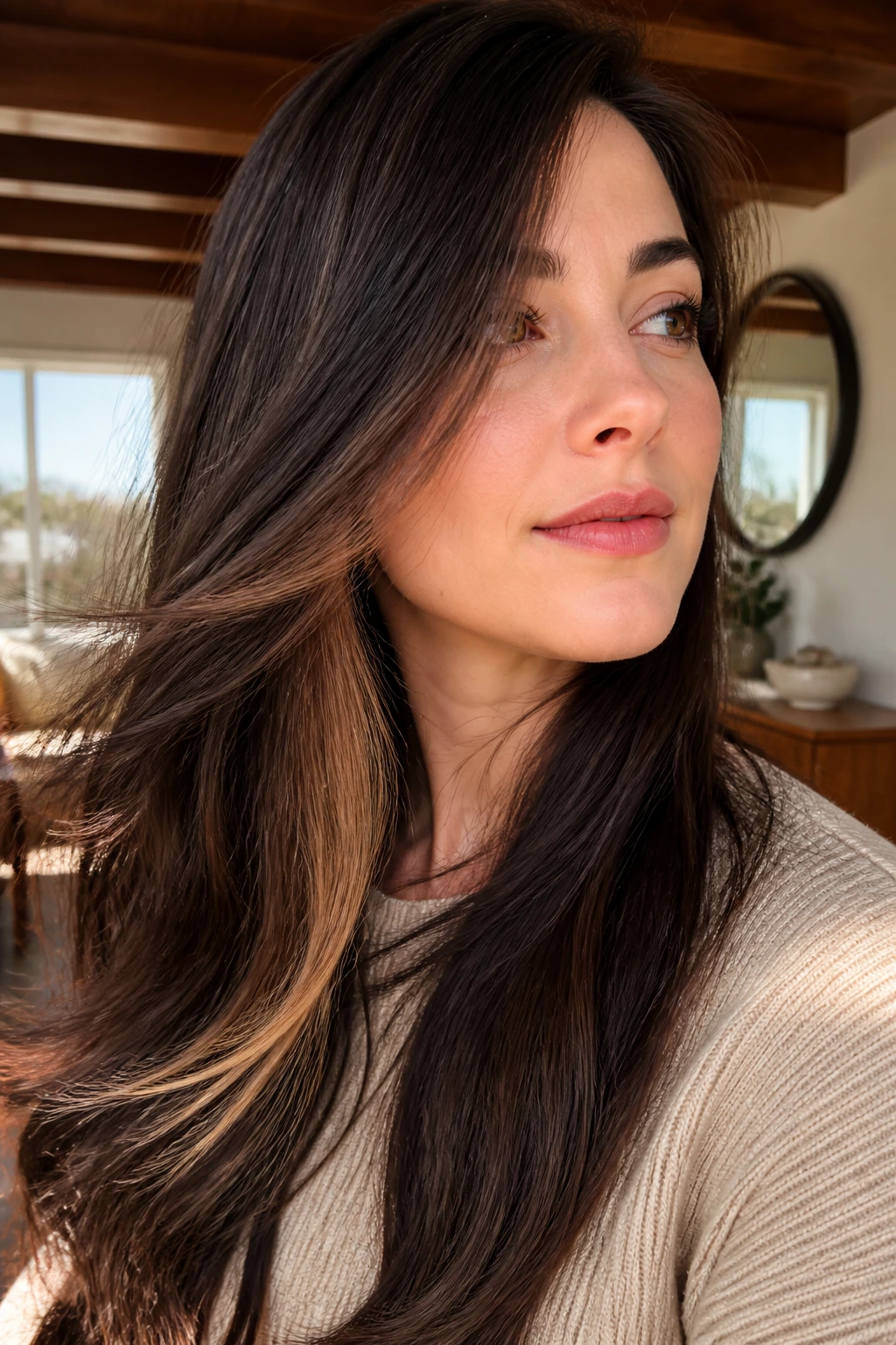 Close-up portrait of brunette hair with apricot caramel peekaboo underlayer in natural window light