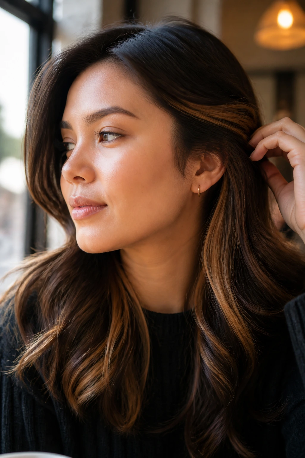 Close-up portrait showing peekaboo caramel underlayers peeking from chestnut hair.