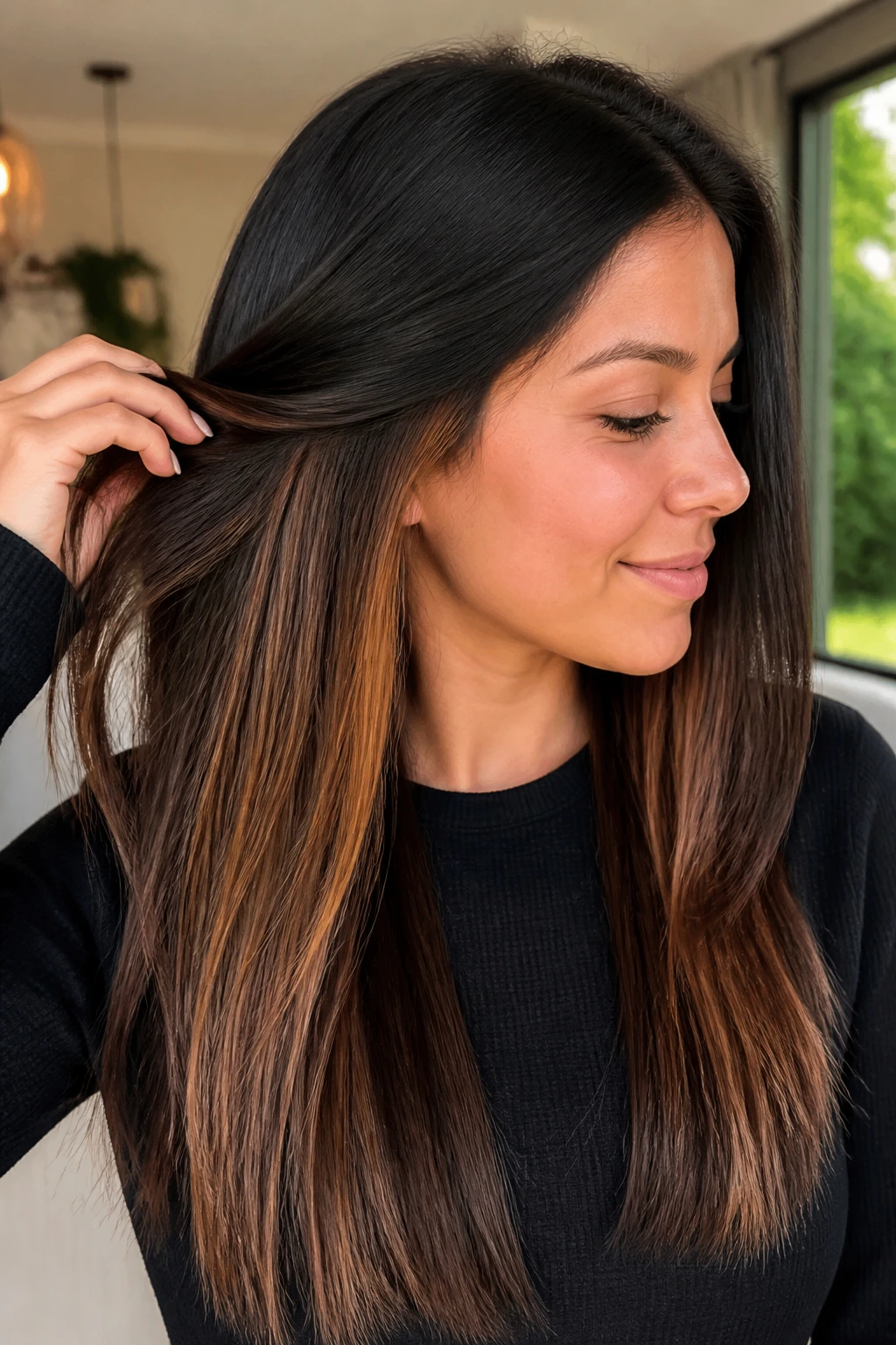 Close-up of a woman showing peekaboo caramel underlights