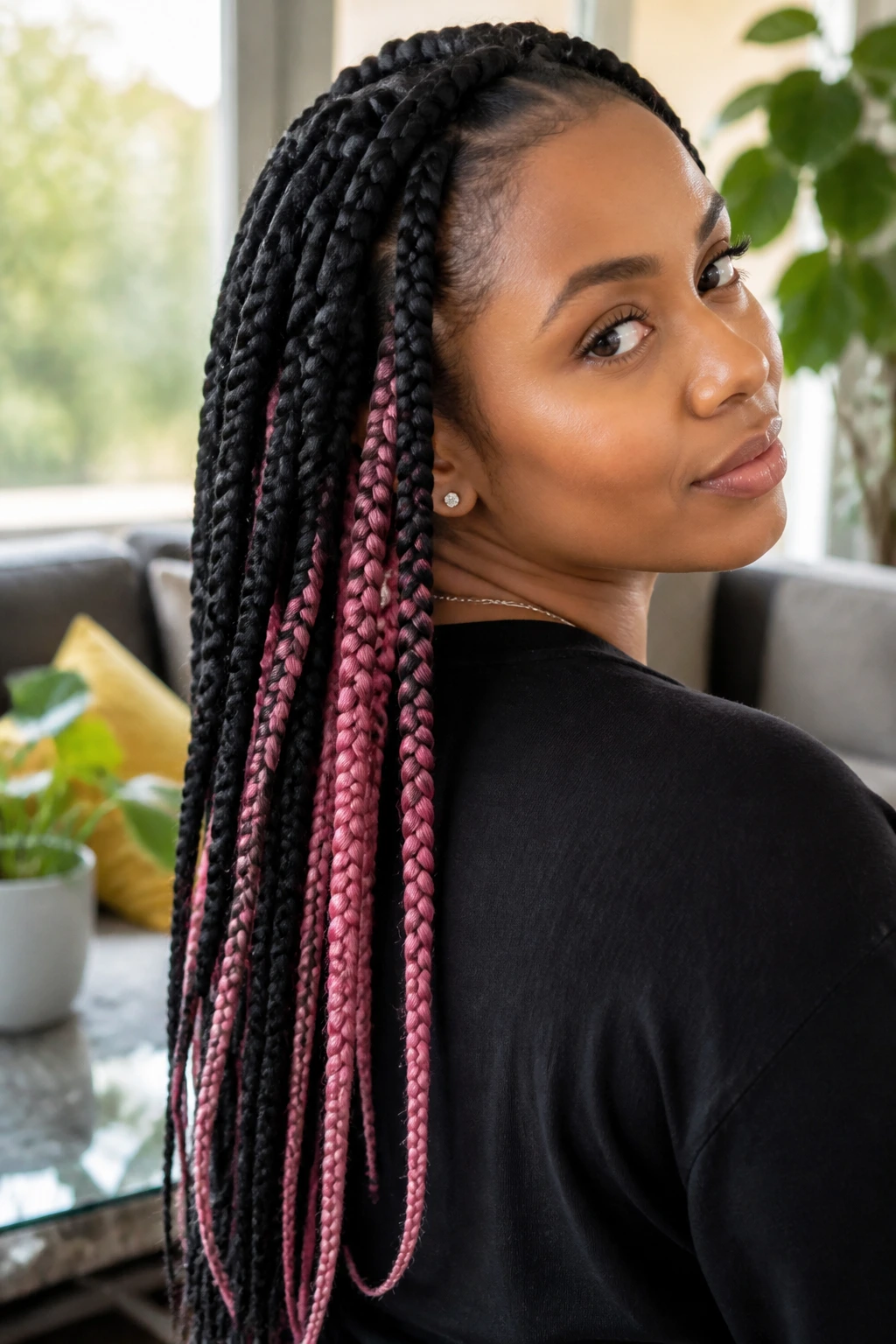 Close-up portrait showing hidden color under jumbo braids in a living room setting