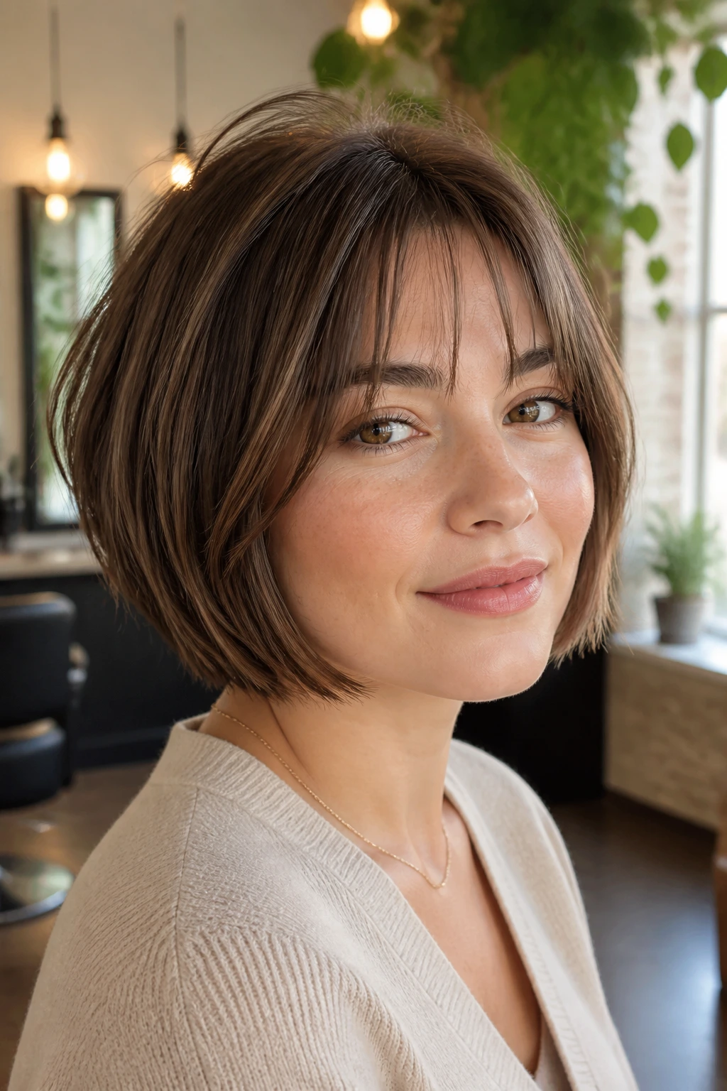 Real woman with a chin-length bob and airy peekaboo fringe