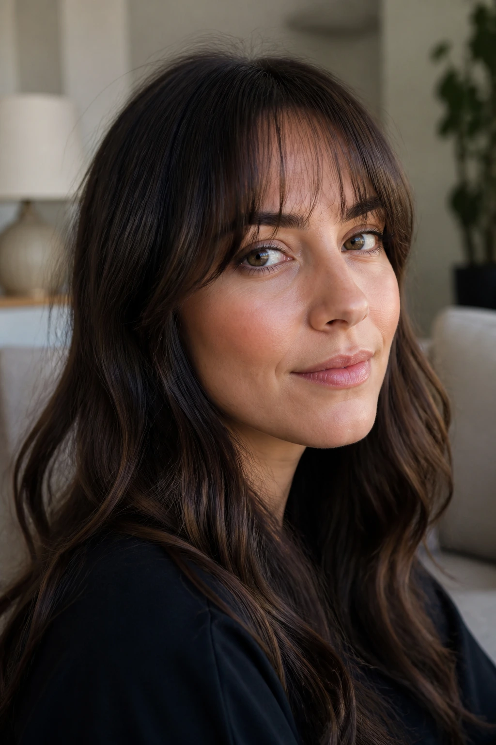 Brunette with hidden peekaboo fringe under top layer