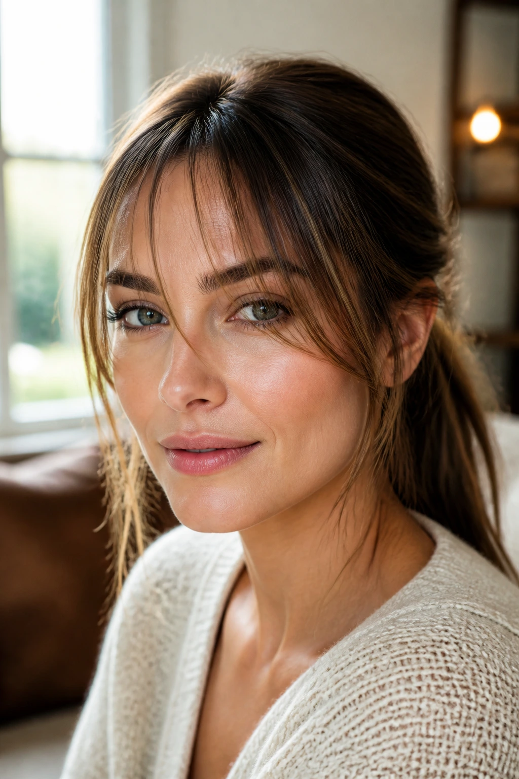 Real woman with barely-there peekaboo fringe showing skin through, soft and subtle