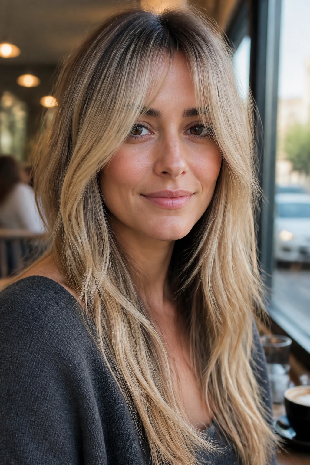 Close-up portrait of a woman with peekaboo fringe and long face frame at a cafe window