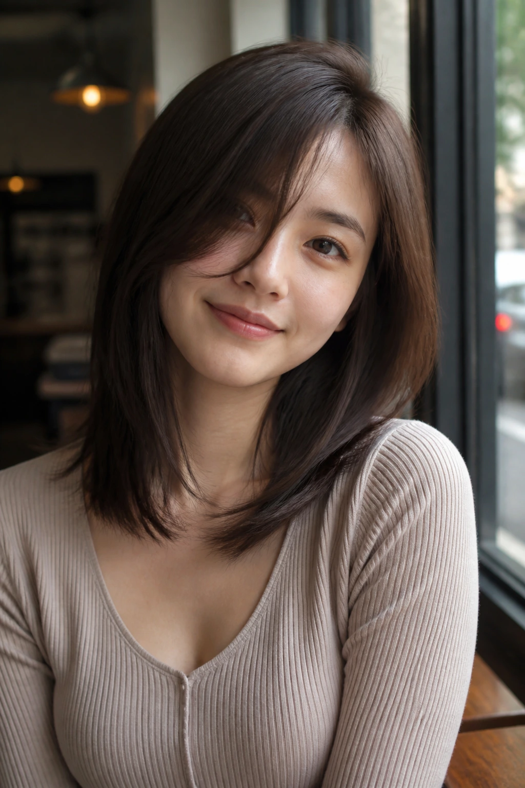 Close-up portrait of a woman with long peekaboo fringe and off-center part.