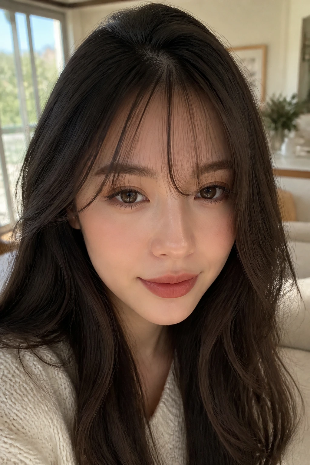 Close-up portrait of a real woman with airy sparse fringe showing a hint of forehead