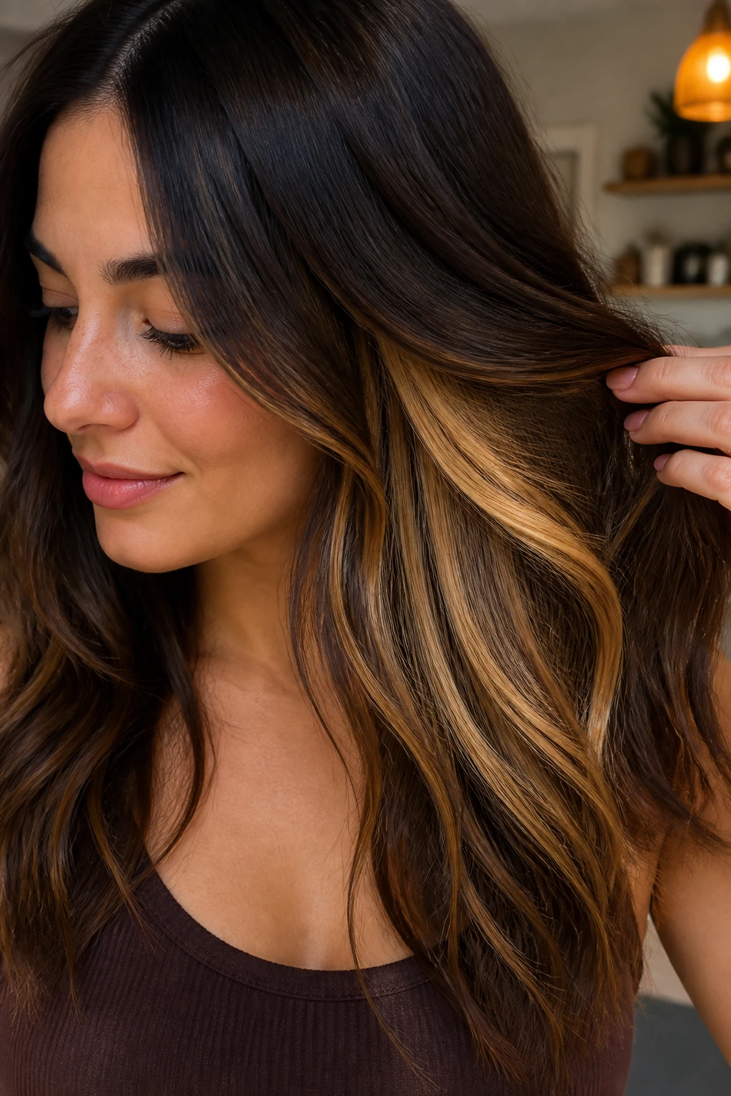 Portrait of brunette with peekaboo gold panels visible under top layer