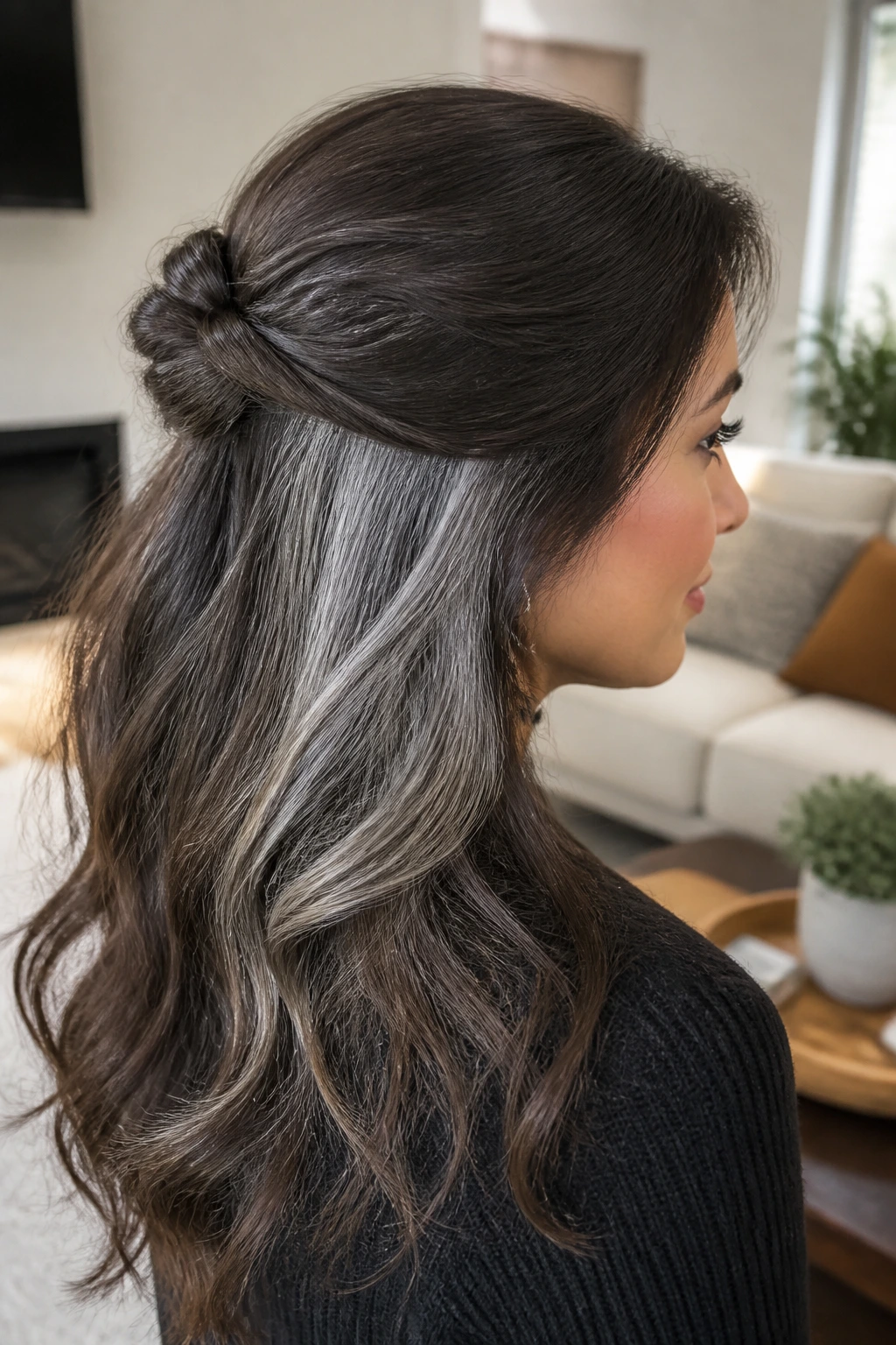 Portrait of a real person with half-up twist revealing grey underside.