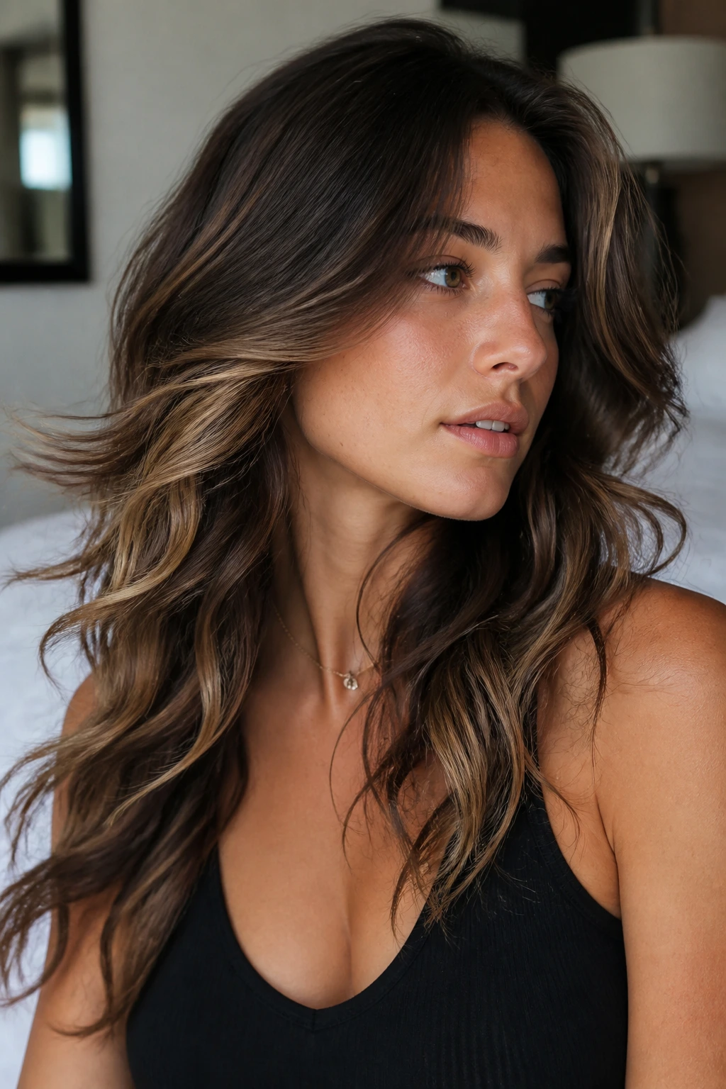 Brunette waves with hidden light-chasing peekaboo pieces under layers