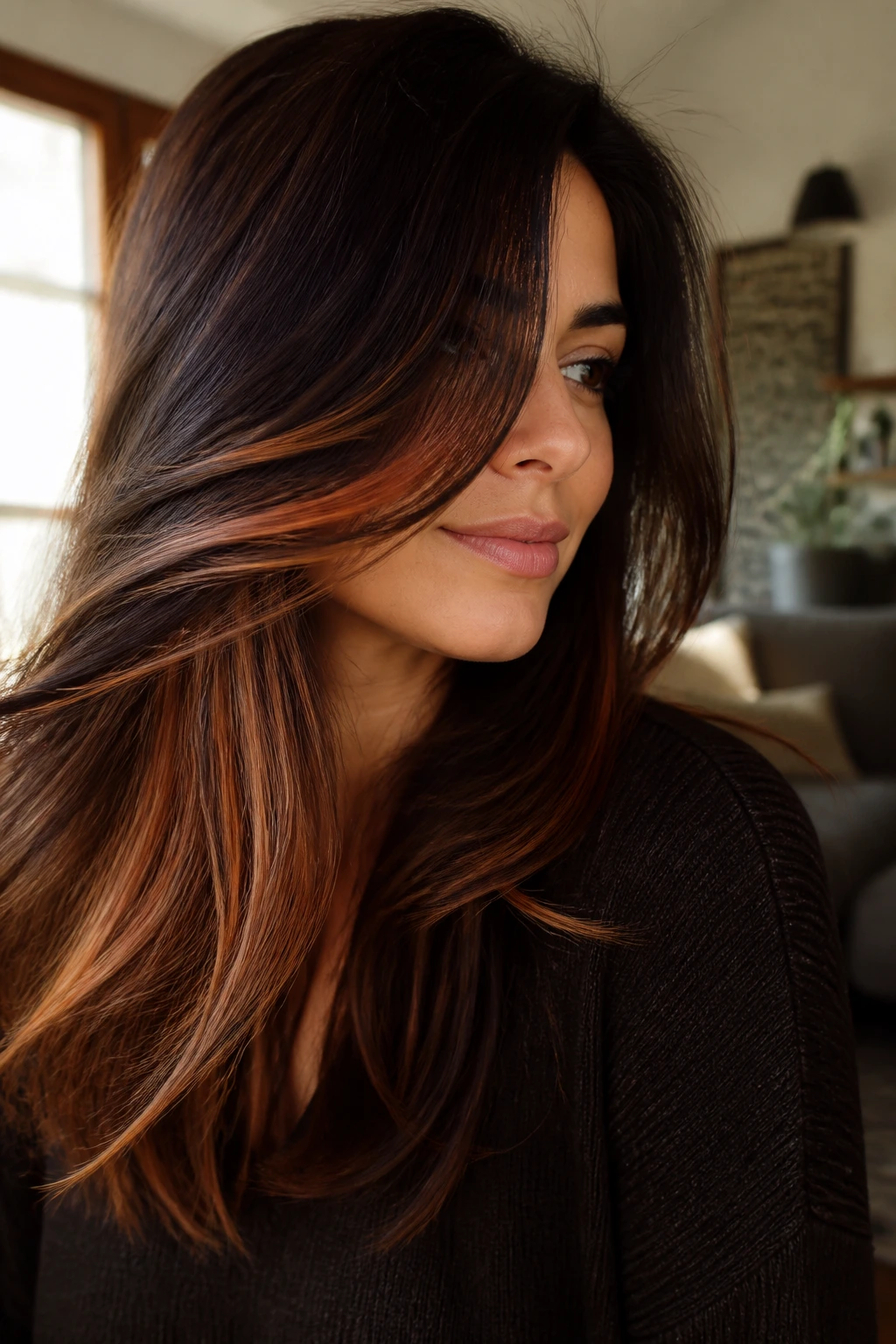 Brunette with copper strawberry peekaboo highlights under top layer.