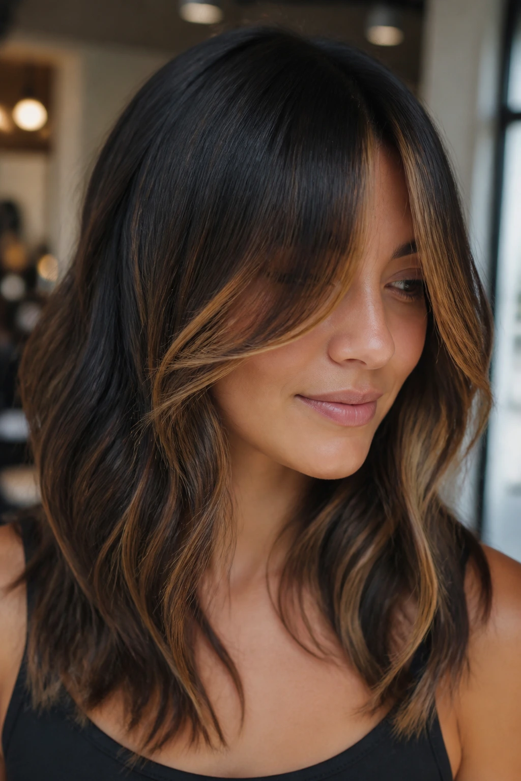 Close-up of a real woman with thick curtain bangs and hidden honey highlights beneath