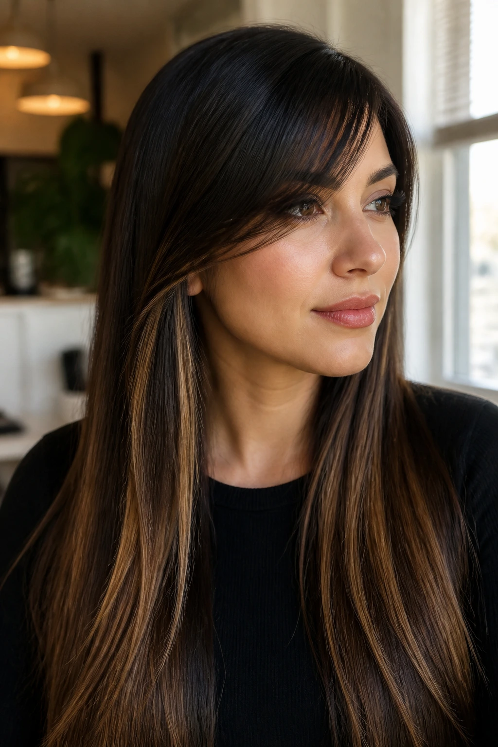 Close-up portrait of a real woman with long hair and peekaboo highlights under a side-swept bang, natural window light