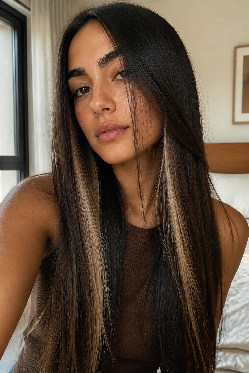 Close-up of a real person with long straight hair and peekaboo highlights on olive skin