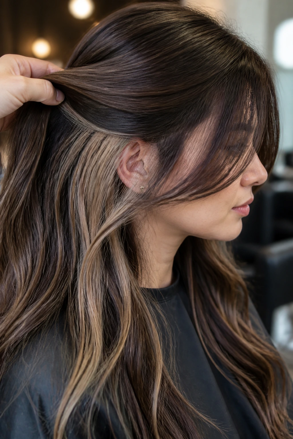 Underside hair peekaboo highlights visible beneath top layer behind the ear