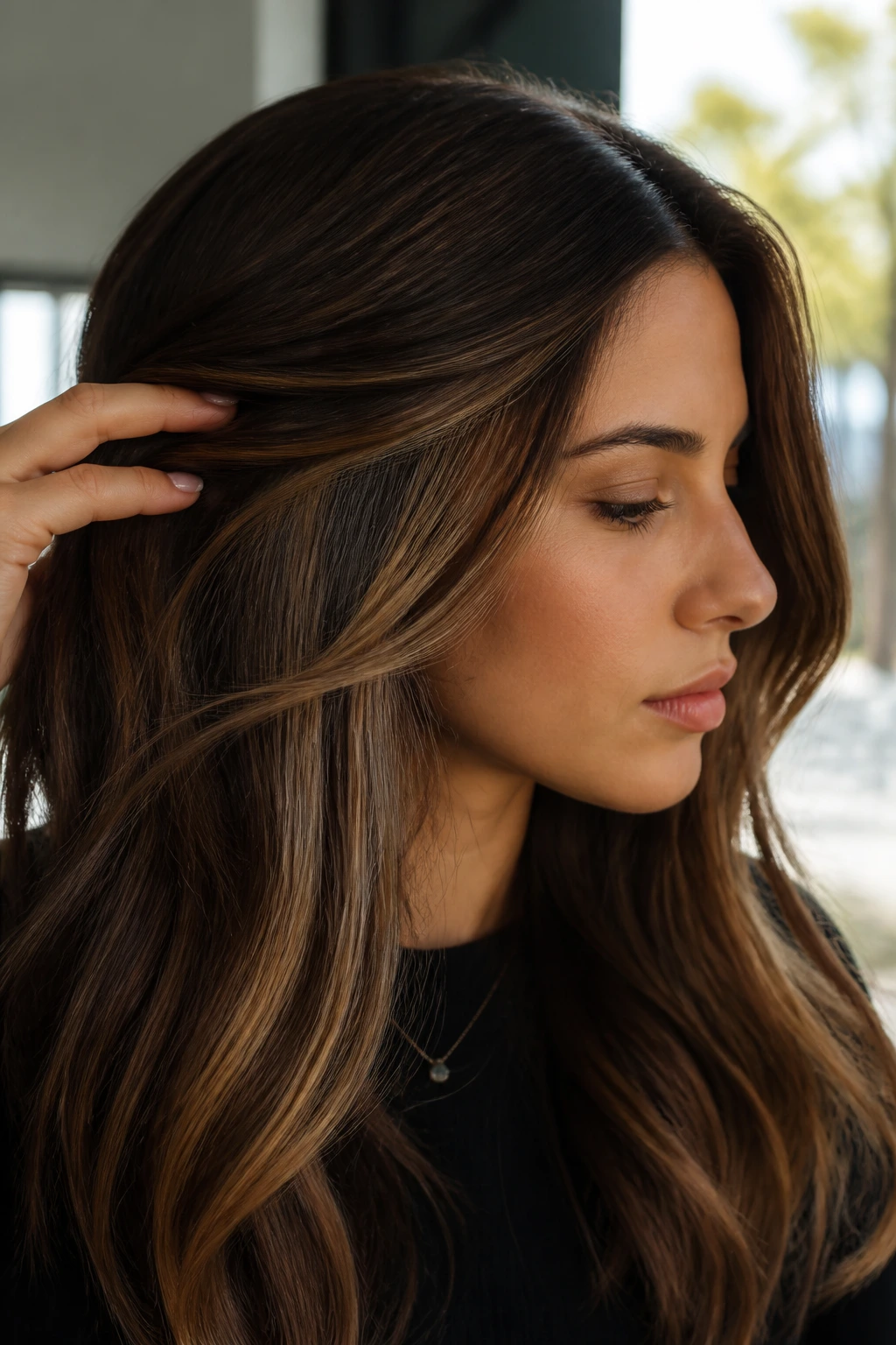 Close-up showing hidden honey panels beneath top brown layer in hair