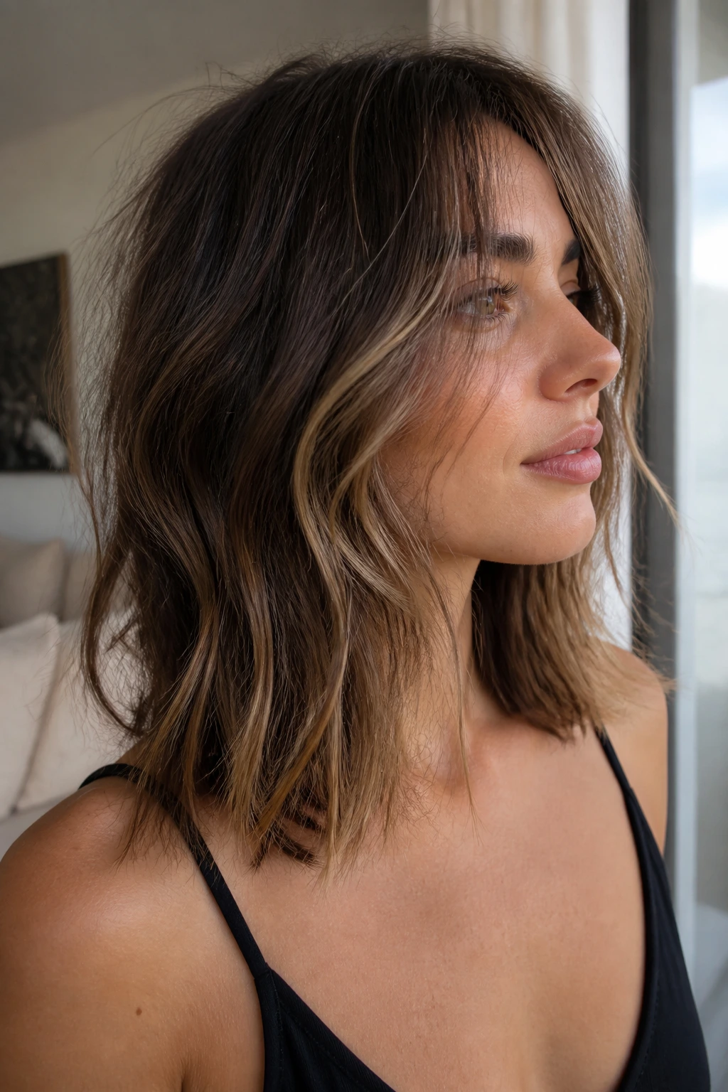 Portrait of a real woman with a tousled midi and peekaboo layers filling the frame