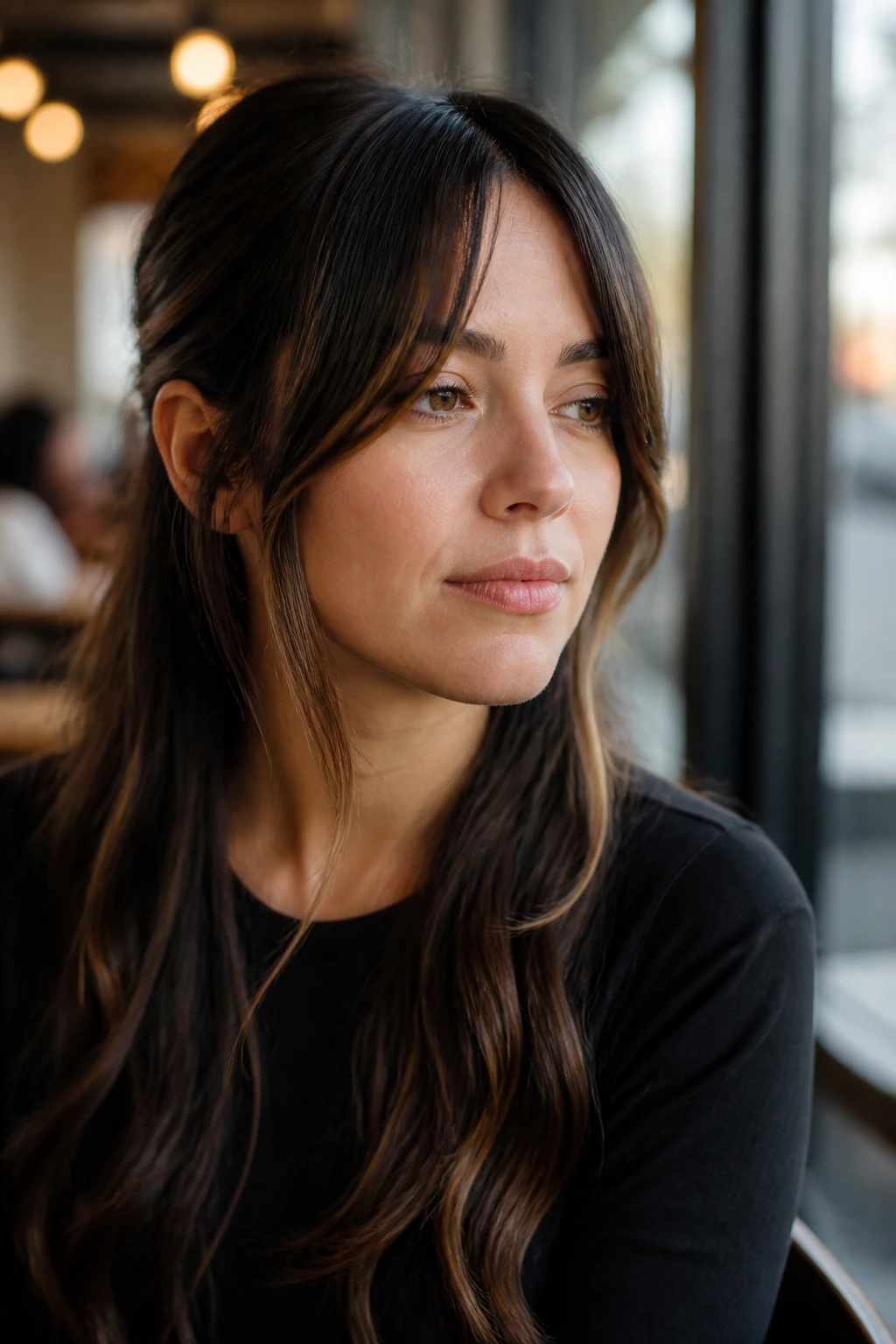 Real person with peekaboo long bangs in natural cafe daylight