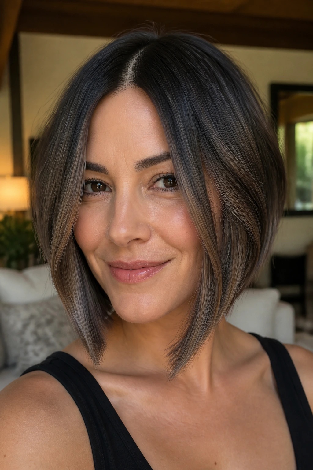Close-up portrait of a real woman with a center-part peekaboo lowlight bob