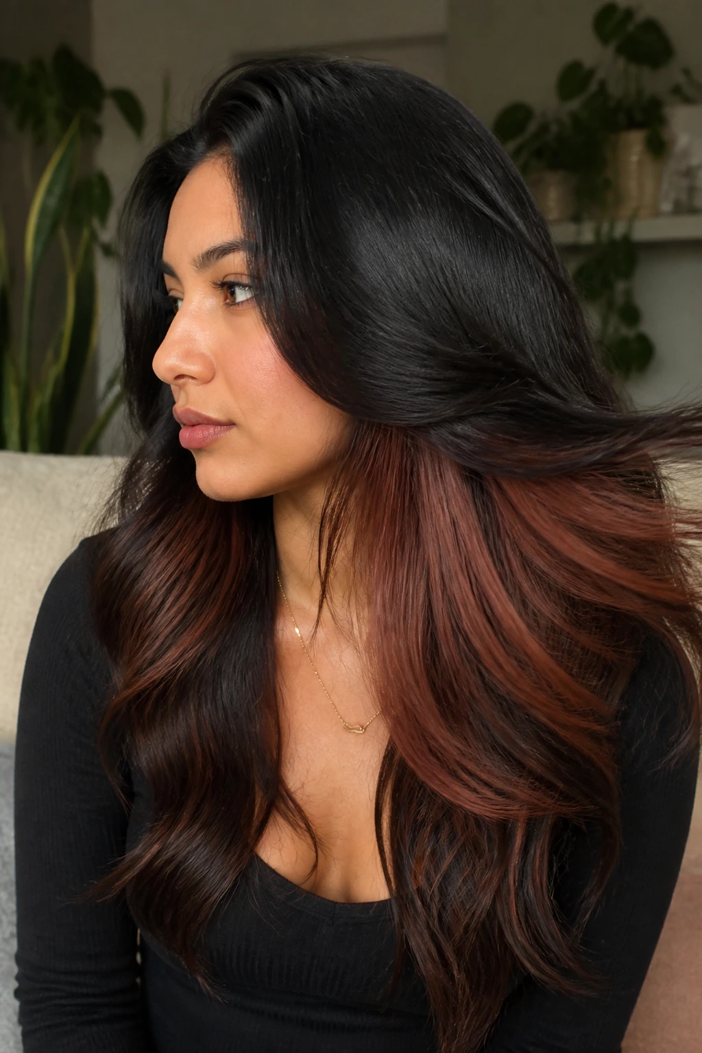 Head-and-shoulders view showing peekaboo auburn panels