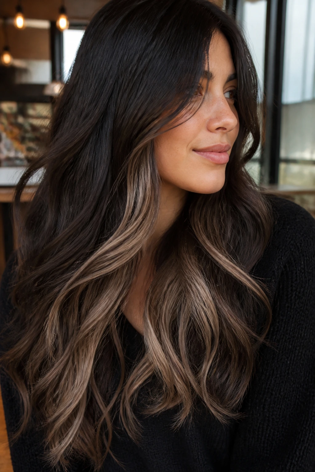 Close-up portrait showing espresso-brown hair with hidden blonde peekaboo panels on a real woman