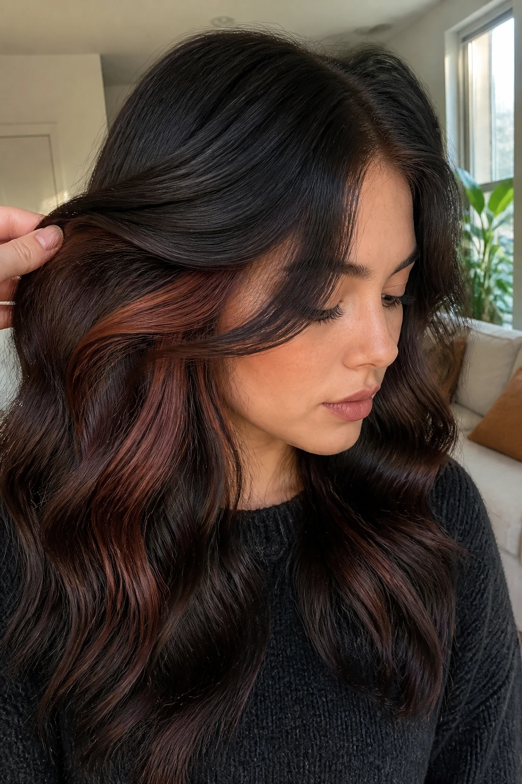 Portrait showing hidden cherry-caramel panels under dark hair