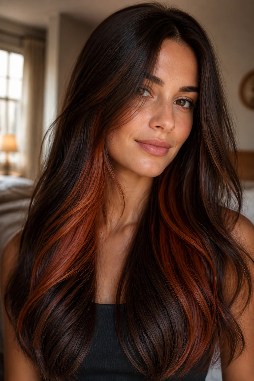 Close-up of a real woman with long brunette hair showing copper peekaboo panels over cocoa base in natural light