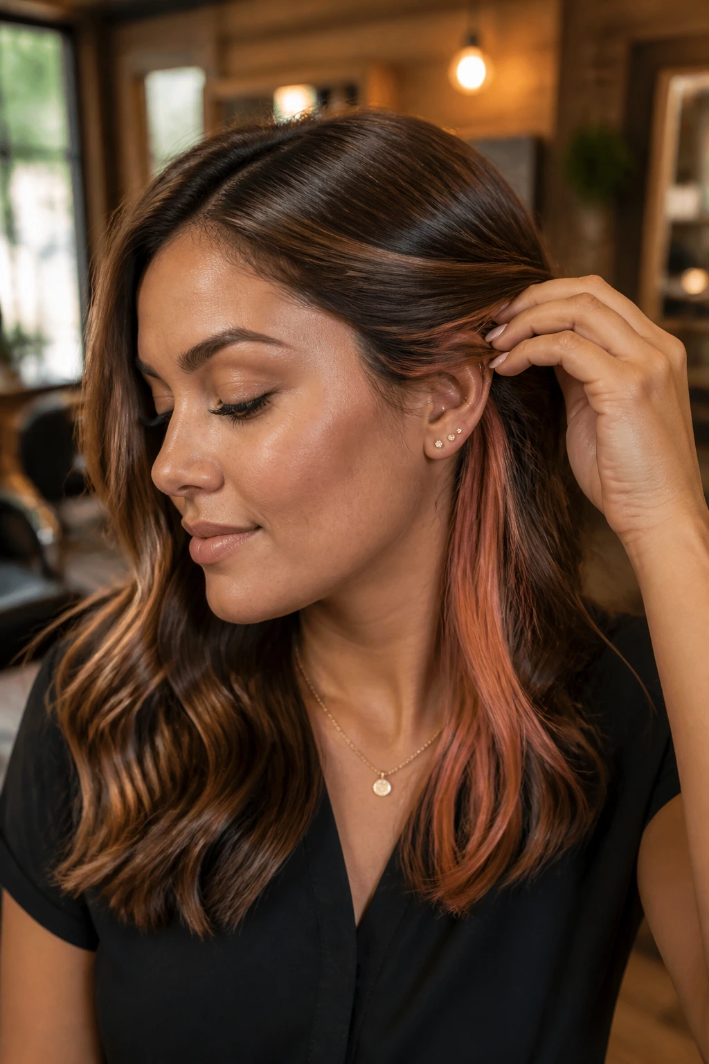 Close-up portrait of a real woman with peach-copper peekaboo panels peeking from under hair.