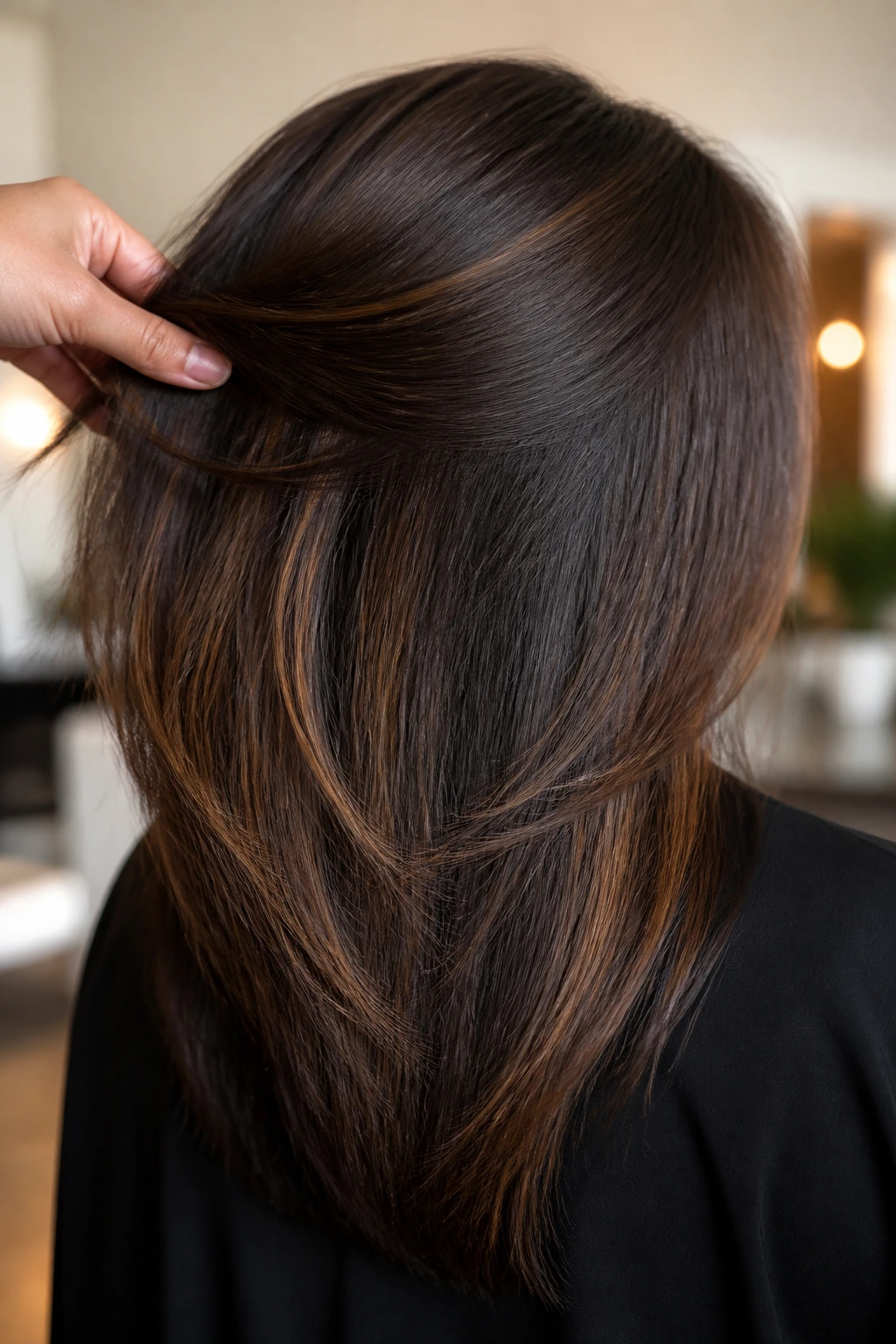 Close-up back view of fine hair with bronze brown peekaboo panels under the top layer