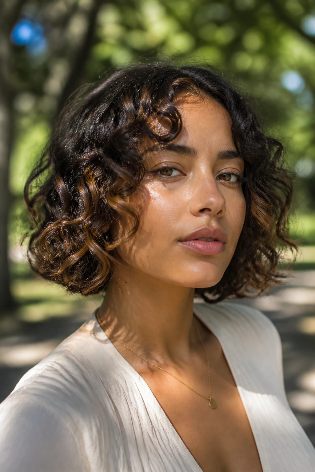 Close-up of a real woman with curly bob showing toffee peekaboo panels peeking from beneath the top layer