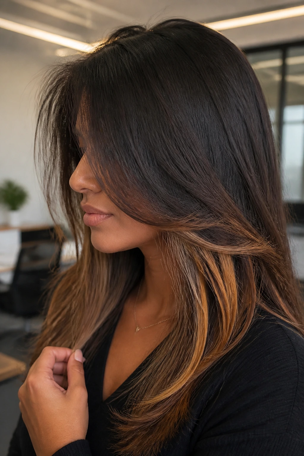 Side-profile close-up of a real woman revealing under-layer butterscotch peekaboo pieces in brunette hair.