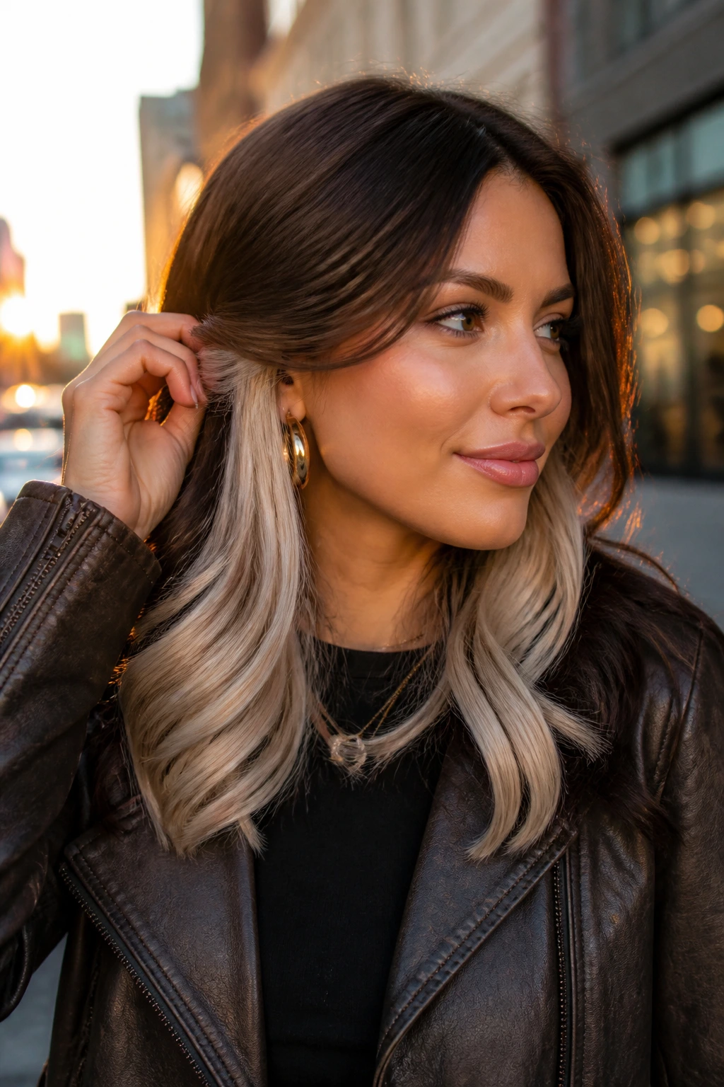 Portrait of brunette with platinum peekaboo panels visible when hair is tucked behind ear