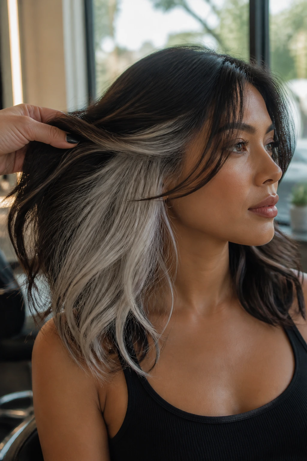 Close-up of a real person showing peekaboo platinum panels under crown