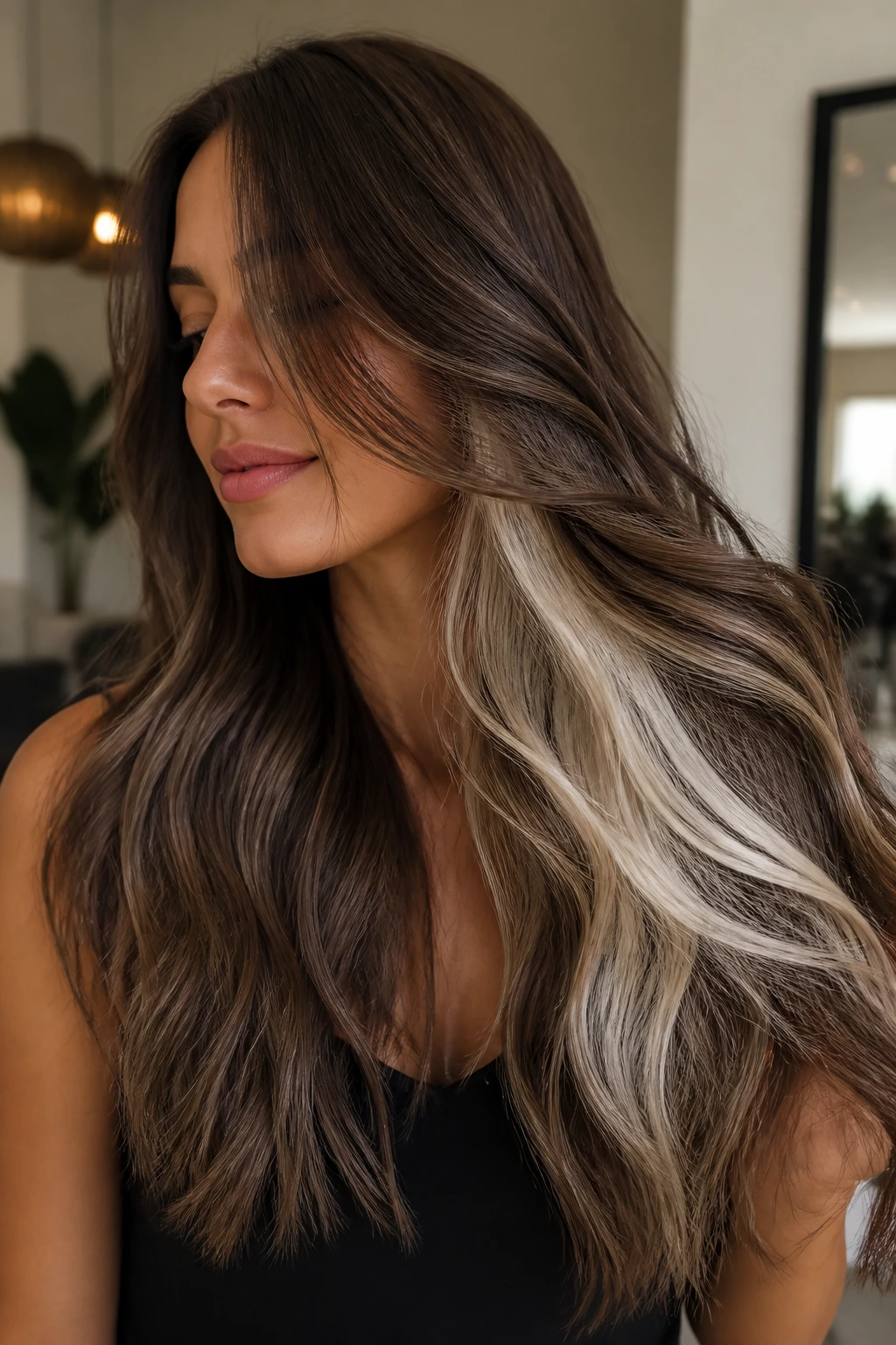 Close-up of real woman showing peekaboo platinum underlayers in long brunette hair.