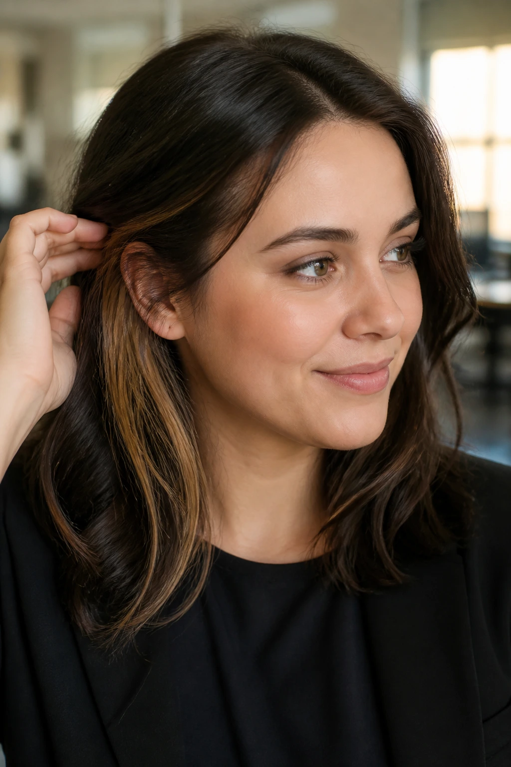Close-up portrait of a real woman with peekaboo camel underlayers peeking from the top layer near the ear