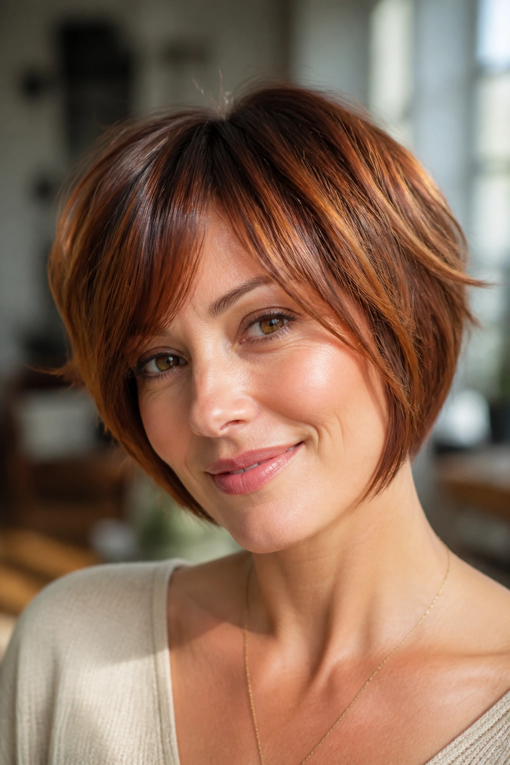 Close-up of real woman with penny copper highlights in short bob